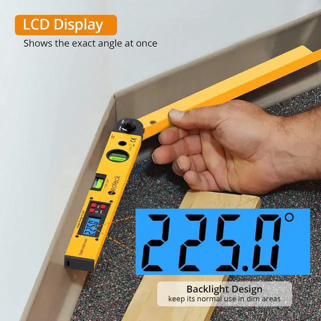 Alt view image 4 of 7 - KEHIPI 225° 16 inch Digital Angle Finder Aluminum Protractor with LCD Backlight Digital Angle Measuring Tool with Horizontal and Vertical Bubble for Woodworking, Construction, Machinery - Golden