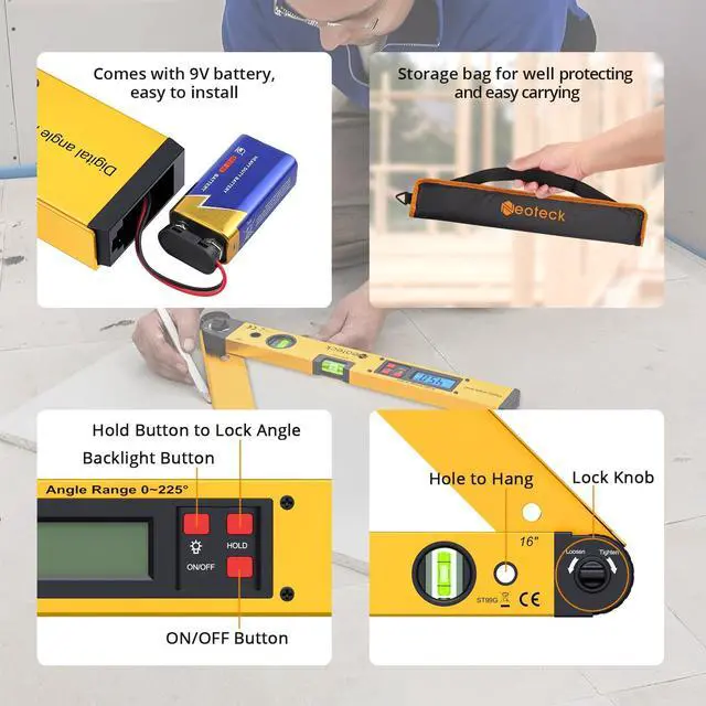 Alt view image 2 of 7 - KEHIPI 225° 16 inch Digital Angle Finder Aluminum Protractor with LCD Backlight Digital Angle Measuring Tool with Horizontal and Vertical Bubble for Woodworking, Construction, Machinery - Golden