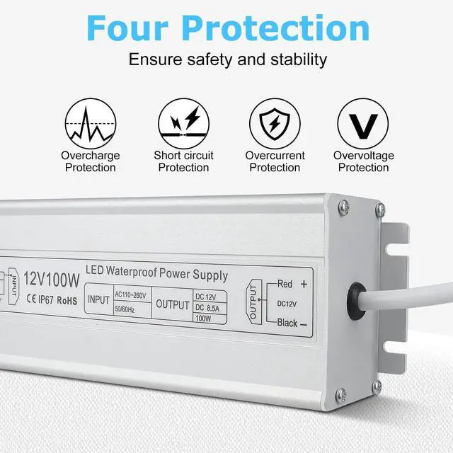 Alt view image 2 of 7 - KEHIPI LED Power Supply, 12V 100W IP67 Waterproof Outdoor Driver, AC 110-260V to DC 12V 8.5A Low Voltage Transformer, Adapter with 3-Prong Plug for LED Light, Computer Project, Outdoor Use