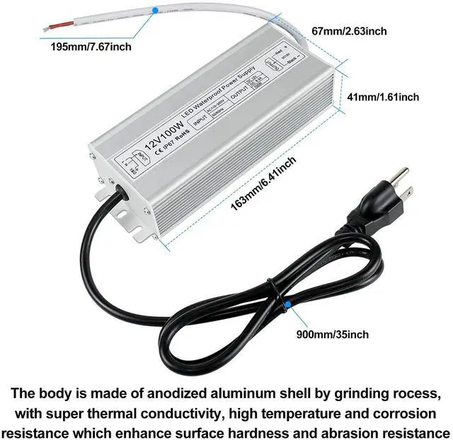Alt view image 3 of 7 - KEHIPI LED Power Supply, 12V 100W IP67 Waterproof Outdoor Driver, AC 110-260V to DC 12V 8.5A Low Voltage Transformer, Adapter with 3-Prong Plug for LED Light, Computer Project, Outdoor Use