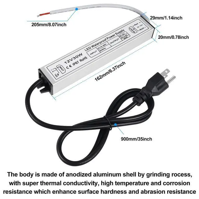 Alt view image 2 of 7 - KEHIPI LED Power Supply 12V, 30W IP67 Waterproof Outdoor Driver,AC 110-260V to DC 12V 2.5A Low Voltage Transformer, Adapter with 3-Prong Plug for LED Light, Computer Project, Outdoor Use