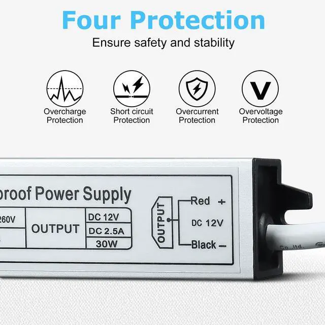 Alt view image 4 of 7 - KEHIPI LED Power Supply 12V, 30W IP67 Waterproof Outdoor Driver,AC 110-260V to DC 12V 2.5A Low Voltage Transformer, Adapter with 3-Prong Plug for LED Light, Computer Project, Outdoor Use