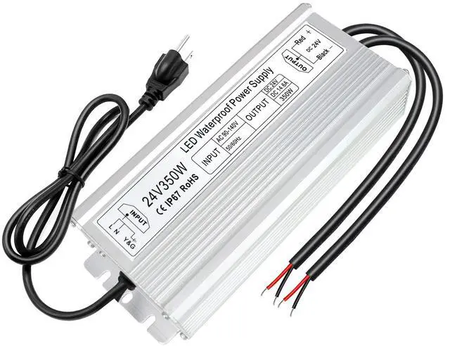 Main image of KEHIPI LED Power Supply, 24V 350W IP67 Waterproof Outdoor Driver, AC 90-140V to DC 24V 14.58A Low Voltage Transformer, Adapter with 3-Prong Plug for LED Light, Computer Project, Outdoor Use
