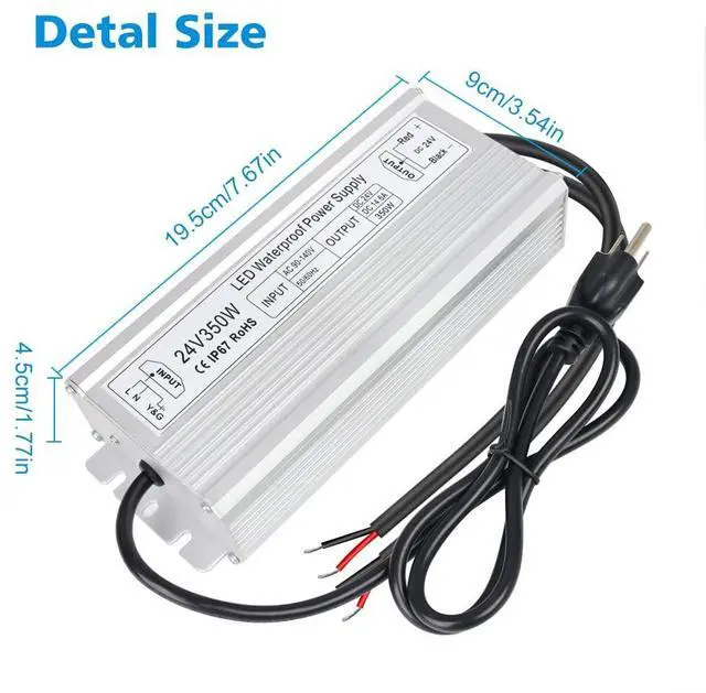 Alt view image 4 of 7 - KEHIPI LED Power Supply, 24V 350W IP67 Waterproof Outdoor Driver, AC 90-140V to DC 24V 14.58A Low Voltage Transformer, Adapter with 3-Prong Plug for LED Light, Computer Project, Outdoor Use