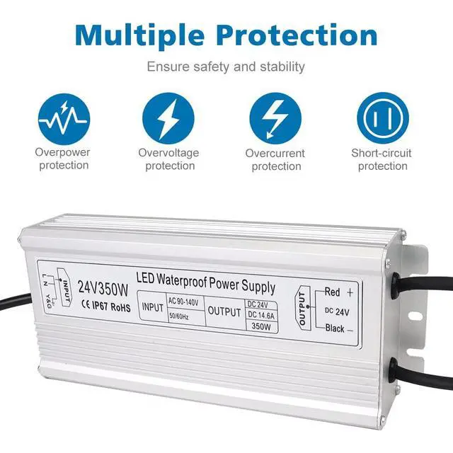 Alt view image 2 of 7 - KEHIPI LED Power Supply, 24V 350W IP67 Waterproof Outdoor Driver, AC 90-140V to DC 24V 14.58A Low Voltage Transformer, Adapter with 3-Prong Plug for LED Light, Computer Project, Outdoor Use