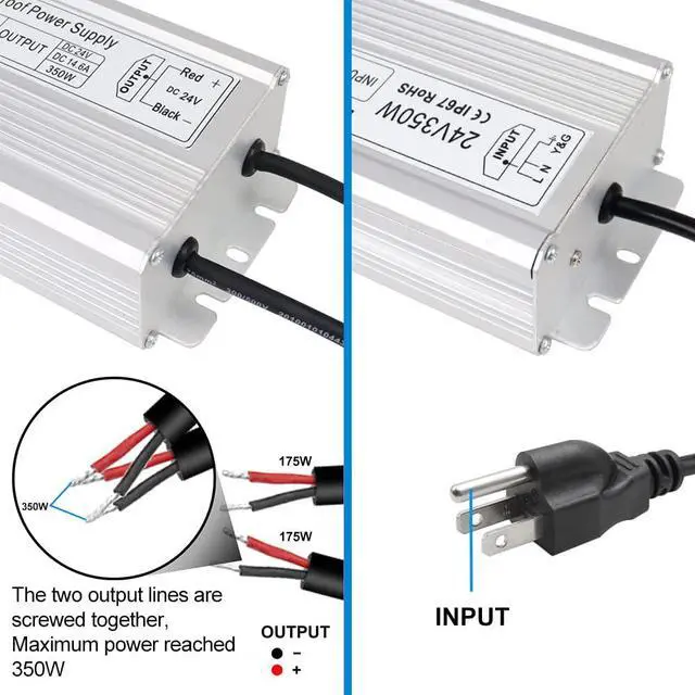 Alt view image 3 of 7 - KEHIPI LED Power Supply, 24V 350W IP67 Waterproof Outdoor Driver, AC 90-140V to DC 24V 14.58A Low Voltage Transformer, Adapter with 3-Prong Plug for LED Light, Computer Project, Outdoor Use