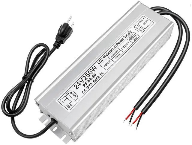 Main image of KEHIPI 24V Power Supply, 250W IP67 Waterproof LED Power Supply, AC 80-265V to DC 24V 10.4A Outdoor Low Voltage Transformer, Adapter with 3-Prong Plug for LED Light, Outdoor Use