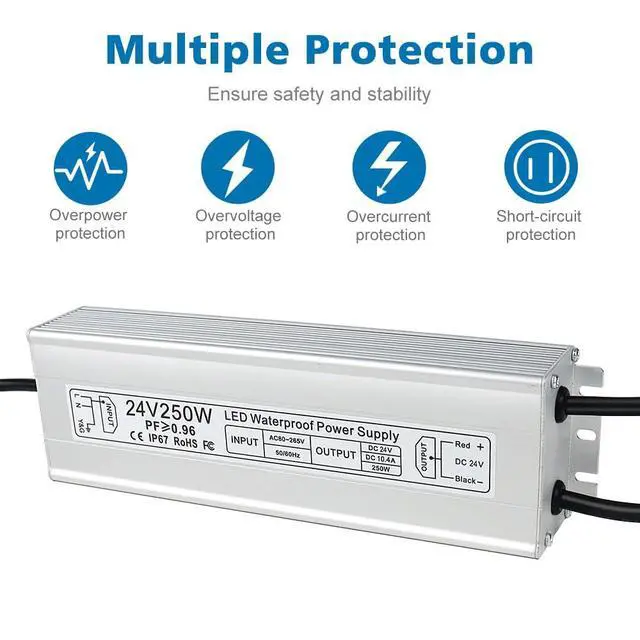 Alt view image 2 of 7 - KEHIPI 24V Power Supply, 250W IP67 Waterproof LED Power Supply, AC 80-265V to DC 24V 10.4A Outdoor Low Voltage Transformer, Adapter with 3-Prong Plug for LED Light, Outdoor Use