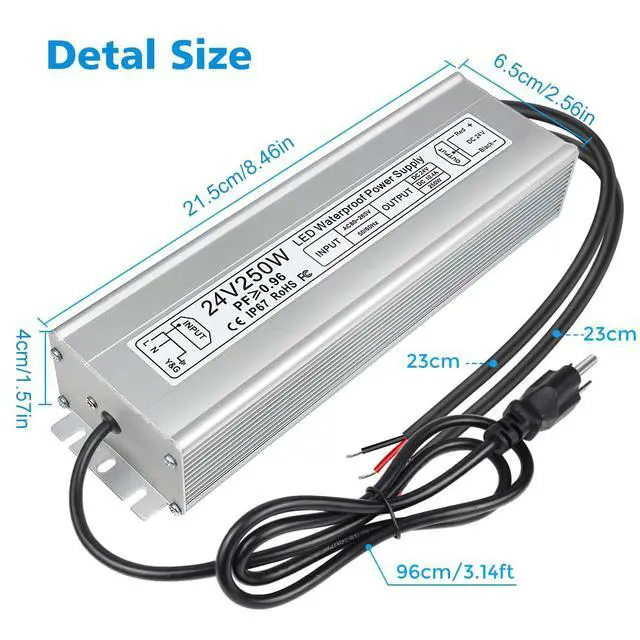 Alt view image 6 of 7 - KEHIPI 24V Power Supply, 250W IP67 Waterproof LED Power Supply, AC 80-265V to DC 24V 10.4A Outdoor Low Voltage Transformer, Adapter with 3-Prong Plug for LED Light, Outdoor Use