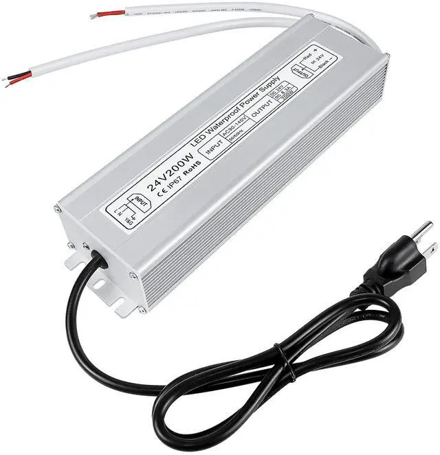 Main image of KEHIPI LED Power Supply, 24V 200W IP67 Waterproof Outdoor Driver, AC 90-140V to DC 24V 8.3A Low Voltage Transformer, Adapter with 3-Prong Plug for LED Light, Computer Project, Outdoor Use