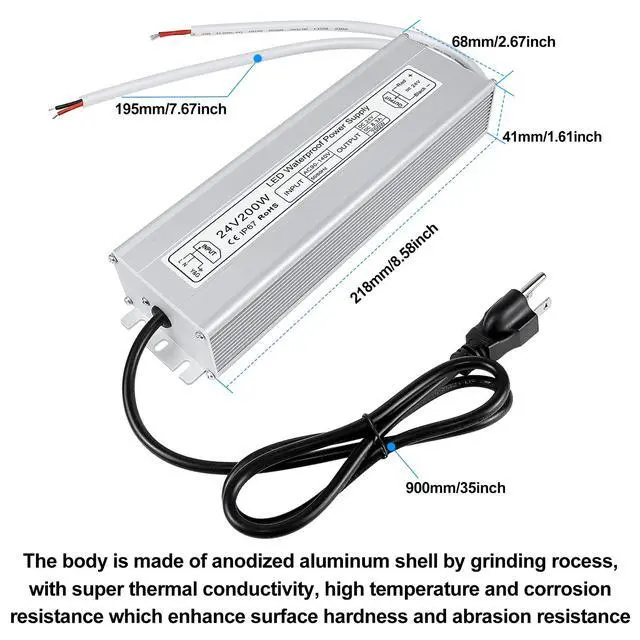 Alt view image 2 of 7 - KEHIPI LED Power Supply, 24V 200W IP67 Waterproof Outdoor Driver, AC 90-140V to DC 24V 8.3A Low Voltage Transformer, Adapter with 3-Prong Plug for LED Light, Computer Project, Outdoor Use