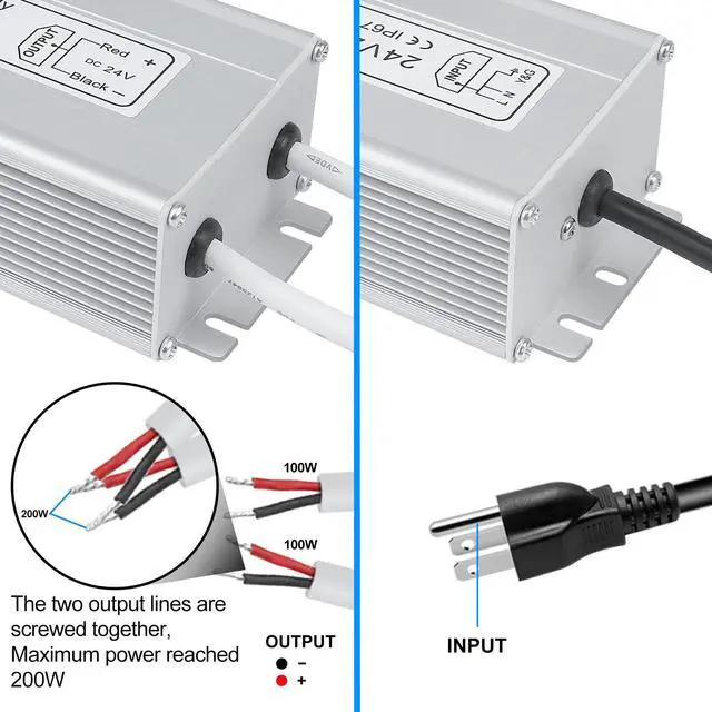 Alt view image 4 of 7 - KEHIPI LED Power Supply, 24V 200W IP67 Waterproof Outdoor Driver, AC 90-140V to DC 24V 8.3A Low Voltage Transformer, Adapter with 3-Prong Plug for LED Light, Computer Project, Outdoor Use