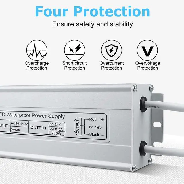 Alt view image 3 of 7 - KEHIPI LED Power Supply, 24V 200W IP67 Waterproof Outdoor Driver, AC 90-140V to DC 24V 8.3A Low Voltage Transformer, Adapter with 3-Prong Plug for LED Light, Computer Project, Outdoor Use