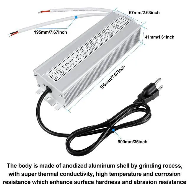 Alt view image 2 of 7 - KEHIPI LED Power Supply, 24V 150W IP67 Waterproof Outdoor Driver, AC 85-265V to DC 24V 6.25A Low Voltage Transformer, Adapter with 3-Prong Plug for LED Light, Computer Project, Outdoor Use