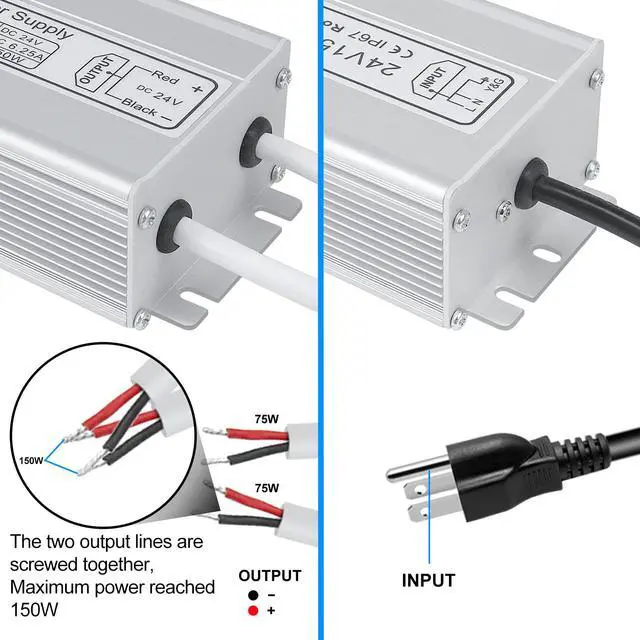 Alt view image 4 of 7 - KEHIPI LED Power Supply, 24V 150W IP67 Waterproof Outdoor Driver, AC 85-265V to DC 24V 6.25A Low Voltage Transformer, Adapter with 3-Prong Plug for LED Light, Computer Project, Outdoor Use
