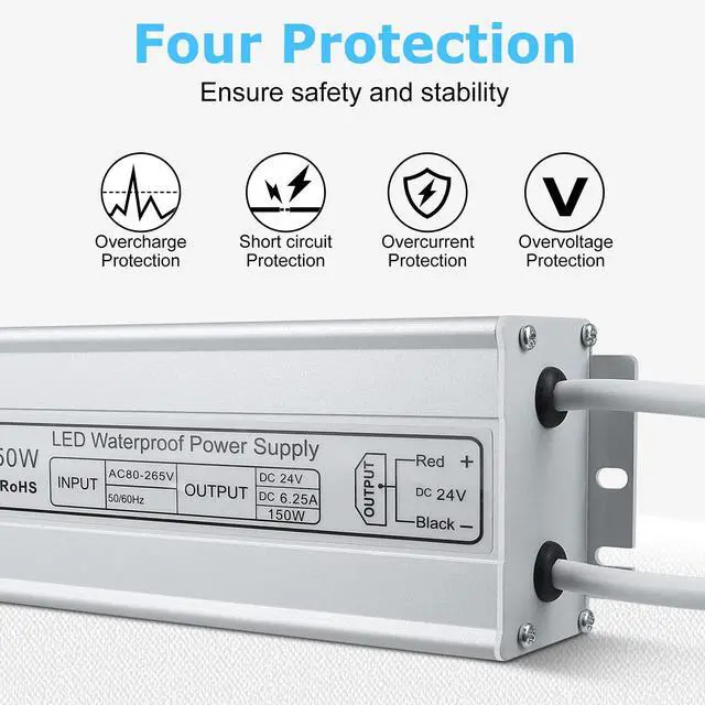 Alt view image 3 of 7 - KEHIPI LED Power Supply, 24V 150W IP67 Waterproof Outdoor Driver, AC 85-265V to DC 24V 6.25A Low Voltage Transformer, Adapter with 3-Prong Plug for LED Light, Computer Project, Outdoor Use