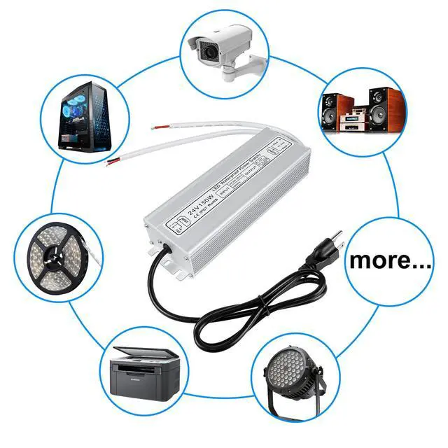 Alt view image 7 of 7 - KEHIPI LED Power Supply, 24V 150W IP67 Waterproof Outdoor Driver, AC 85-265V to DC 24V 6.25A Low Voltage Transformer, Adapter with 3-Prong Plug for LED Light, Computer Project, Outdoor Use