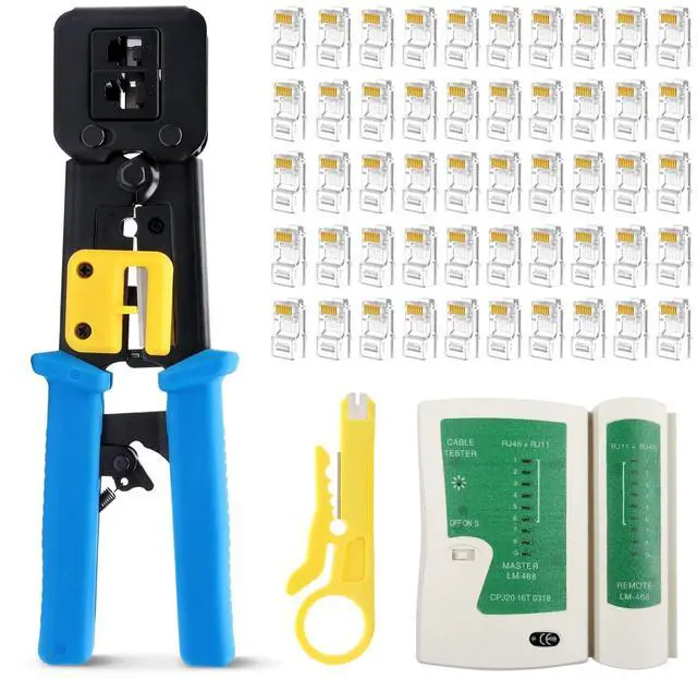 Main image of KEHIPI rj45 Crimp Tool with 50pcs Pass Through Connectors, for Cat6 Cat5e Cat5 Crimping Tool Kit, 50PCS Connectors, Network Cable Tester and Wire Stripper Included, for RJ45/RJ12 Regular