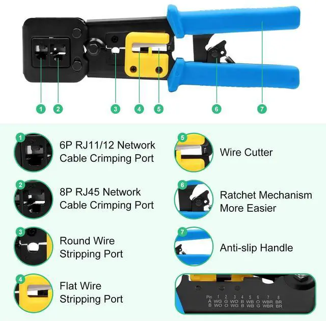 Alt view image 2 of 7 - KEHIPI rj45 Crimp Tool with 50pcs Pass Through Connectors, for Cat6 Cat5e Cat5 Crimping Tool Kit, 50PCS Connectors, Network Cable Tester and Wire Stripper Included, for RJ45/RJ12 Regular