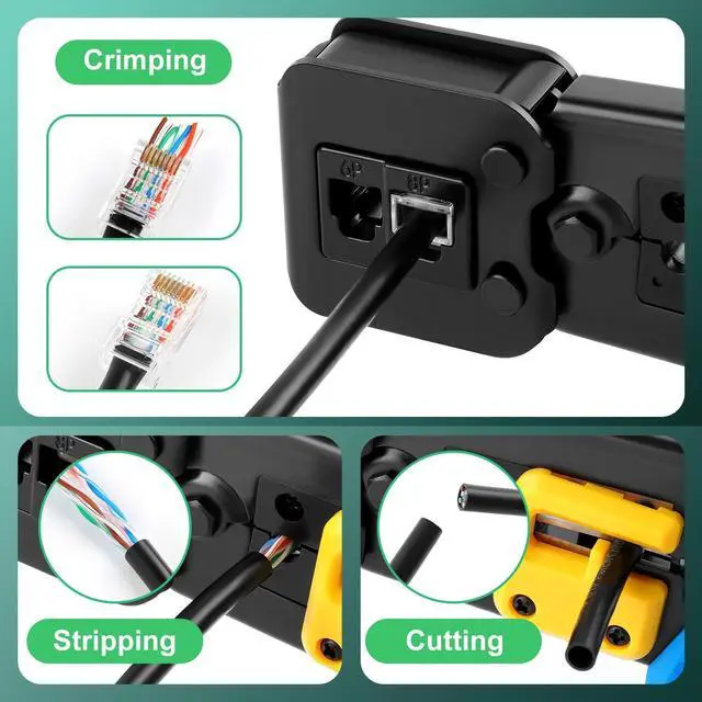 Alt view image 3 of 7 - KEHIPI rj45 Crimp Tool with 50pcs Pass Through Connectors, for Cat6 Cat5e Cat5 Crimping Tool Kit, 50PCS Connectors, Network Cable Tester and Wire Stripper Included, for RJ45/RJ12 Regular