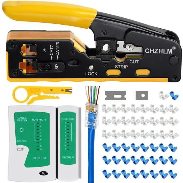 Main image of KEHIPI Rj45 Crimp Tool Pass Through Ethernet Crimping Tool kit for 8P-Cat7 Cat6 Cat5 6P Telephone Connector Network Crimp Tool RJ45 Crimper With Cable Tester Covers Connectors Mini Yellow Stripper