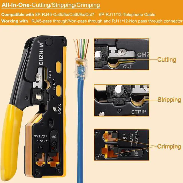 Alt view image 2 of 6 - KEHIPI Rj45 Crimp Tool Pass Through Ethernet Crimping Tool kit for 8P-Cat7 Cat6 Cat5 6P Telephone Connector Network Crimp Tool RJ45 Crimper With Cable Tester Covers Connectors Mini Yellow Stripper