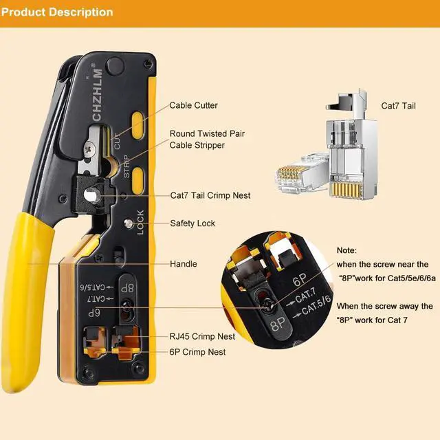 Alt view image 3 of 6 - KEHIPI Rj45 Crimp Tool Pass Through Ethernet Crimping Tool kit for 8P-Cat7 Cat6 Cat5 6P Telephone Connector Network Crimp Tool RJ45 Crimper With Cable Tester Covers Connectors Mini Yellow Stripper