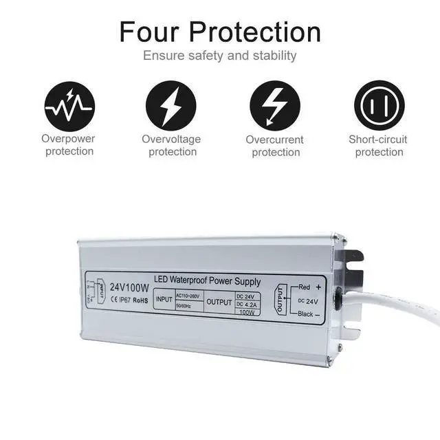 Alt view image 2 of 7 - KEHIPI LED Power Supply, 100W IP67 Waterproof Outdoor Driver,AC 110-260V to DC 24V 4.2A Low Voltage Transformer, Adapter with 3-Prong Plug for LED Light, Computer Project, Outdoor Use