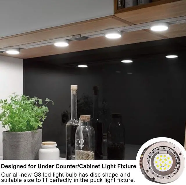 Alt view image 3 of 7 - KEHIPI G8 LED Bulb Dimmable, 3W (30W-35W Halogen Equivalent), T4 JCD Type Bi-Pin G8 Base, Daylight White 6000K, 120V LED Puck Light Bulbs for Under Cabinet Light, Under Counter Lighting, 10 Pack