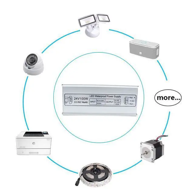 Alt view image 7 of 7 - KEHIPI LED Power Supply, 100W IP67 Waterproof Outdoor Driver,AC 110-260V to DC 24V 4.2A Low Voltage Transformer, Adapter with 3-Prong Plug for LED Light, Computer Project, Outdoor Use