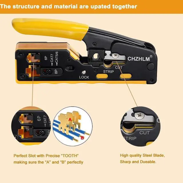 Alt view image 4 of 6 - KEHIPI Rj45 Crimp Tool Pass Through Ethernet Crimping Tool kit for 8P-Cat7 Cat6 Cat5 6P Telephone Connector Network Crimp Tool RJ45 Crimper With Cable Tester Covers Connectors Mini Yellow Stripper
