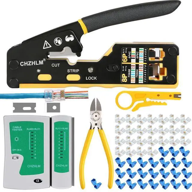 Main image of KEHIPI RJ45 Crimping Tool Kit Rj45 Crimper Stripper Cutter All-in-One Pass Through Crimper for 8P RJ45 Cat5 Cat5e Cat6 Cat6a 6P RJ11/12 Telephone Connectors With 50Pcs Connectors 50Pcs Covers Mini
