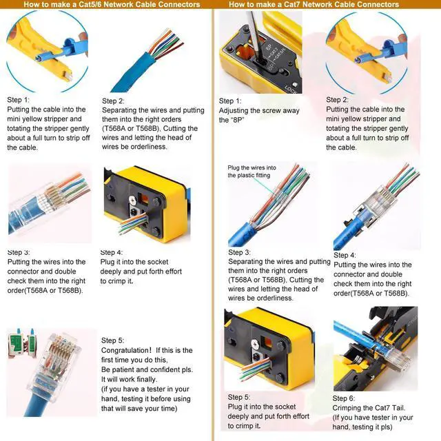 Alt view image 6 of 6 - KEHIPI Rj45 Crimp Tool Pass Through Ethernet Crimping Tool kit for 8P-Cat7 Cat6 Cat5 6P Telephone Connector Network Crimp Tool RJ45 Crimper With Cable Tester Covers Connectors Mini Yellow Stripper