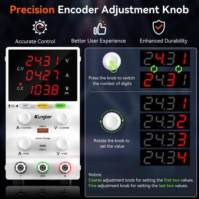 Alt view image 4 of 6 - KEHIPI DC Power Supply Variable, 120V 3A Adjustable Switching Regulated DC Bench Power Supply with Intelligent Charging Mode, 18W USB Interface, Precision Encoder Knob (White)