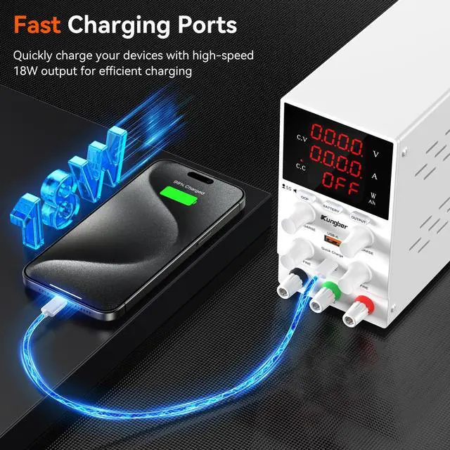 Alt view image 5 of 6 - KEHIPI DC Power Supply Variable, 120V 3A Adjustable Switching Regulated DC Bench Power Supply with Intelligent Charging Mode, 18W USB Interface, Precision Encoder Knob (White)