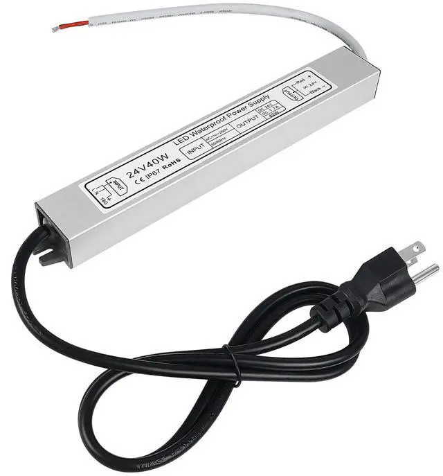 Main image of KEHIPI LED Power Supply, 24V 40W IP67 Waterproof Outdoor Driver, AC 90-140V to DC 24V 1.7A Low Voltage Transformer, Adapter with 3-Prong Plug for LED Light, Computer Project, Outdoor Use