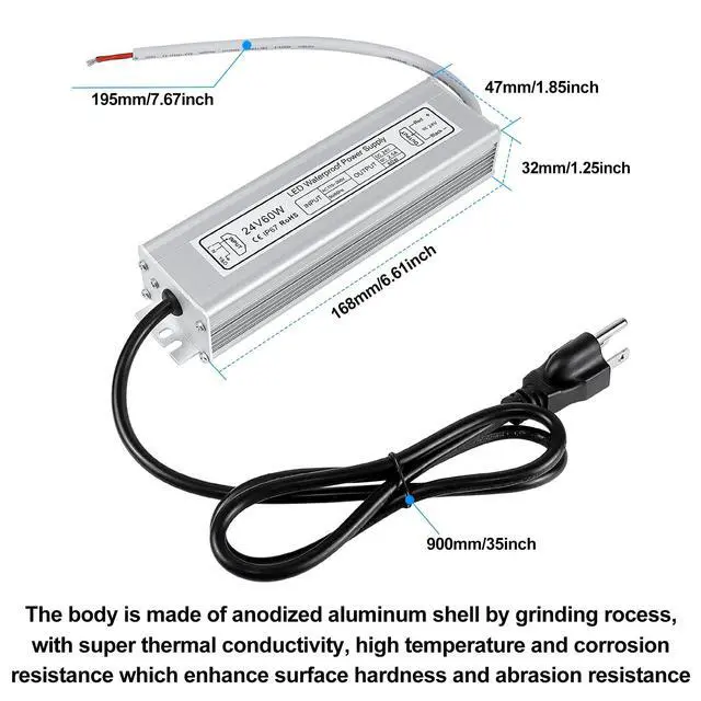 Alt view image 2 of 7 - KEHIPI LED Power Supply, 24V 60W IP67 Waterproof Outdoor Driver, AC 90-265V to DC 24V 2.5A Low Voltage Transformer, Adapter with 3-Prong Plug for LED Light, Computer Project, Outdoor Use