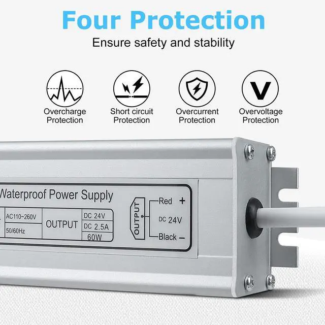 Alt view image 3 of 7 - KEHIPI LED Power Supply, 24V 60W IP67 Waterproof Outdoor Driver, AC 90-265V to DC 24V 2.5A Low Voltage Transformer, Adapter with 3-Prong Plug for LED Light, Computer Project, Outdoor Use