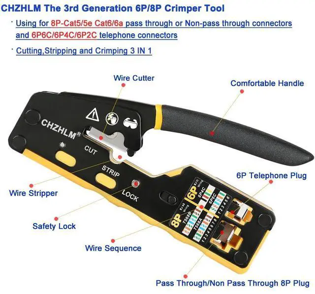 Alt view image 2 of 6 - KEHIPI RJ45 Crimp Tool Kit Pass Through Crimper RJ45 Crimping Tool Stripper Cutter Crimper All-in-One for 8P RJ45 Cat5 Cat5e Cat6 6P RJ11/12 Telephone Connectors Network Enthernet Crimper kit