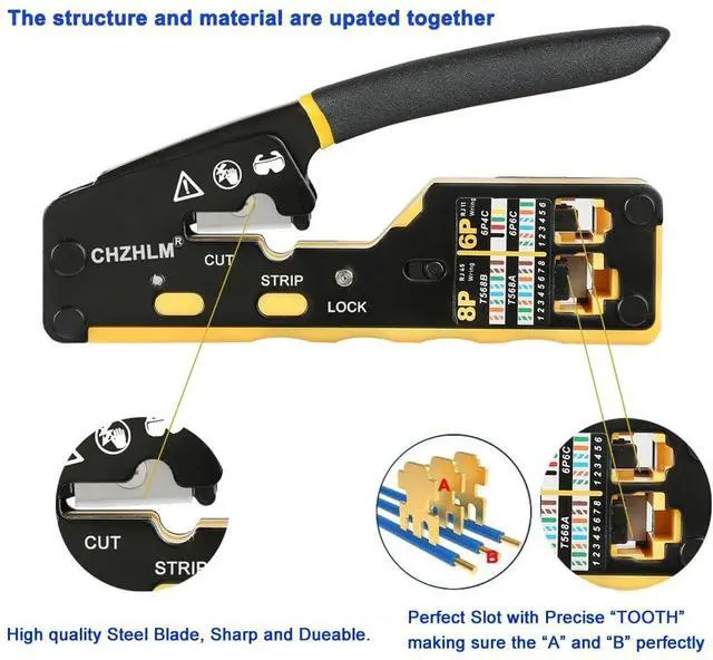 Alt view image 4 of 6 - KEHIPI RJ45 Crimp Tool Kit Pass Through Crimper RJ45 Crimping Tool Stripper Cutter Crimper All-in-One for 8P RJ45 Cat5 Cat5e Cat6 6P RJ11/12 Telephone Connectors Network Enthernet Crimper kit