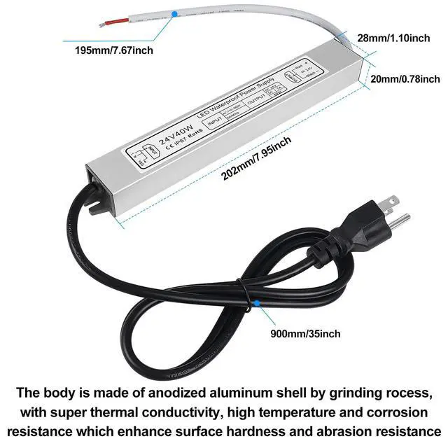 Alt view image 2 of 7 - KEHIPI LED Power Supply, 24V 40W IP67 Waterproof Outdoor Driver, AC 90-140V to DC 24V 1.7A Low Voltage Transformer, Adapter with 3-Prong Plug for LED Light, Computer Project, Outdoor Use