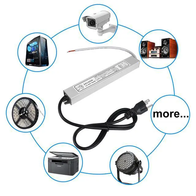 Alt view image 7 of 7 - KEHIPI LED Power Supply, 24V 40W IP67 Waterproof Outdoor Driver, AC 90-140V to DC 24V 1.7A Low Voltage Transformer, Adapter with 3-Prong Plug for LED Light, Computer Project, Outdoor Use