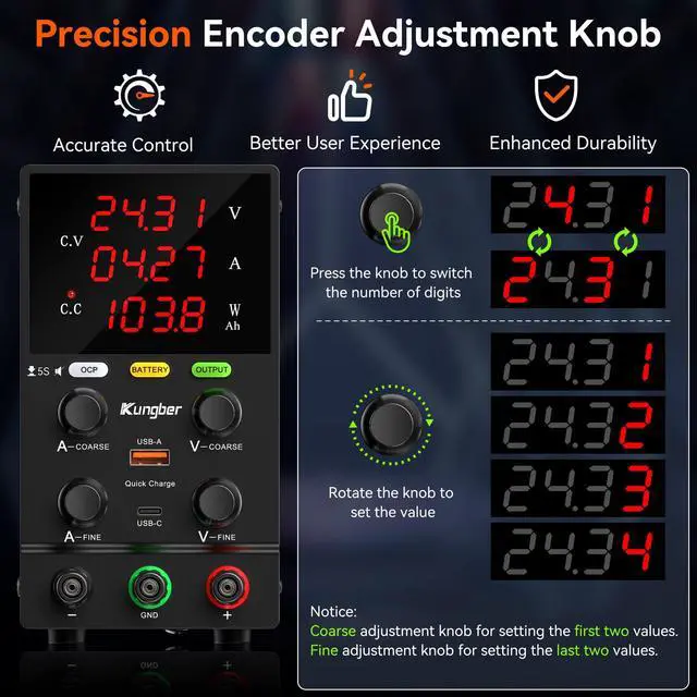Alt view image 5 of 6 - KEHIPI DC Power Supply Variable, 120V 3A Adjustable Switching Regulated DC Bench Power Supply with Intelligent Charging Mode, 18W USB Interface, Precision Encoder Knob (Black)