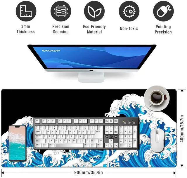 Alt view image 3 of 7 - KEHIPI Large Mouse Pad Desk Mat 900 x 400 x 3mm Cool Sea Texture Non-Slip Rubber Base Mousepad Stitched Edges Keyboard Mat for Office Home Game - Black and White Sea Wave
