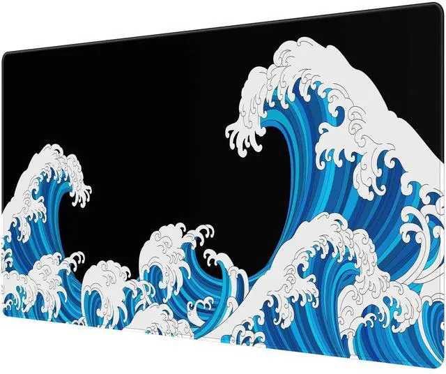 Main image of KEHIPI Large Mouse Pad Desk Mat 900 x 400 x 3mm Cool Sea Texture Non-Slip Rubber Base Mousepad Stitched Edges Keyboard Mat for Office Home Game - Black and White Sea Wave