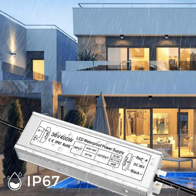 Alt view image 4 of 7 - KEHIPI 36V 400W LED Power Supply, IP67 Rainproof Waterproof Outdoor Driver,AC 90-140V to DC 36V Low Voltage Transformer, Adapter Converter for LED Light, Computer Project, Outdoor Use