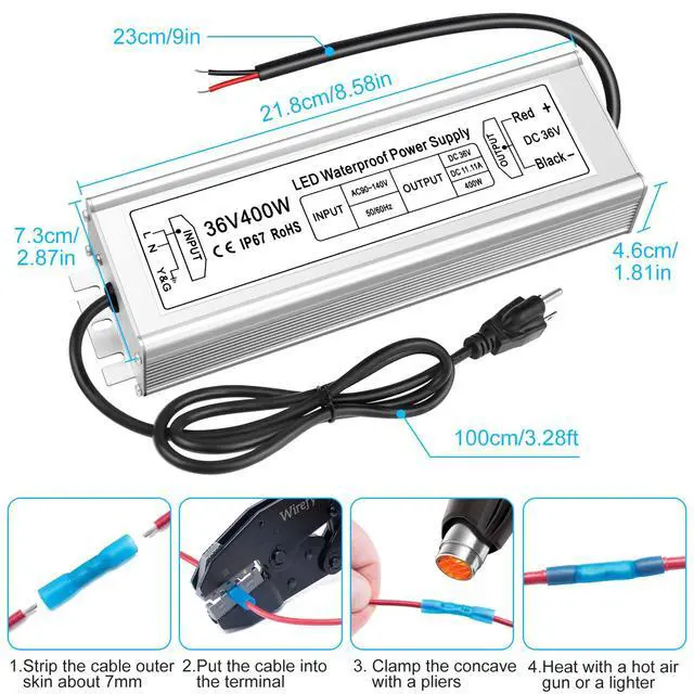 Alt view image 2 of 7 - KEHIPI 36V 400W LED Power Supply, IP67 Rainproof Waterproof Outdoor Driver,AC 90-140V to DC 36V Low Voltage Transformer, Adapter Converter for LED Light, Computer Project, Outdoor Use