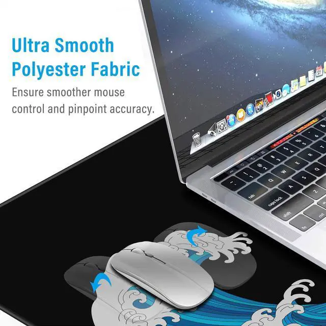 Alt view image 6 of 7 - KEHIPI Large Mouse Pad Desk Mat 900 x 400 x 3mm Cool Sea Texture Non-Slip Rubber Base Mousepad Stitched Edges Keyboard Mat for Office Home Game - Black and White Sea Wave