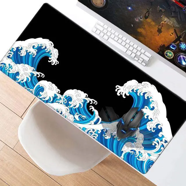 Alt view image 7 of 7 - KEHIPI Large Mouse Pad Desk Mat 900 x 400 x 3mm Cool Sea Texture Non-Slip Rubber Base Mousepad Stitched Edges Keyboard Mat for Office Home Game - Black and White Sea Wave