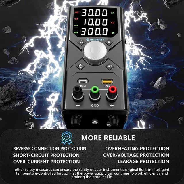 Alt view image 3 of 6 - KEHIPI DC Power Supply Variable, 0-30V 0-10A Adjustable Switching DC Regulated Bench Power Supply with 20W USB & Type-C Quick-Charge, Encoder Knob, 4-Digit LED Display, Preset Memory - SPS-3010X